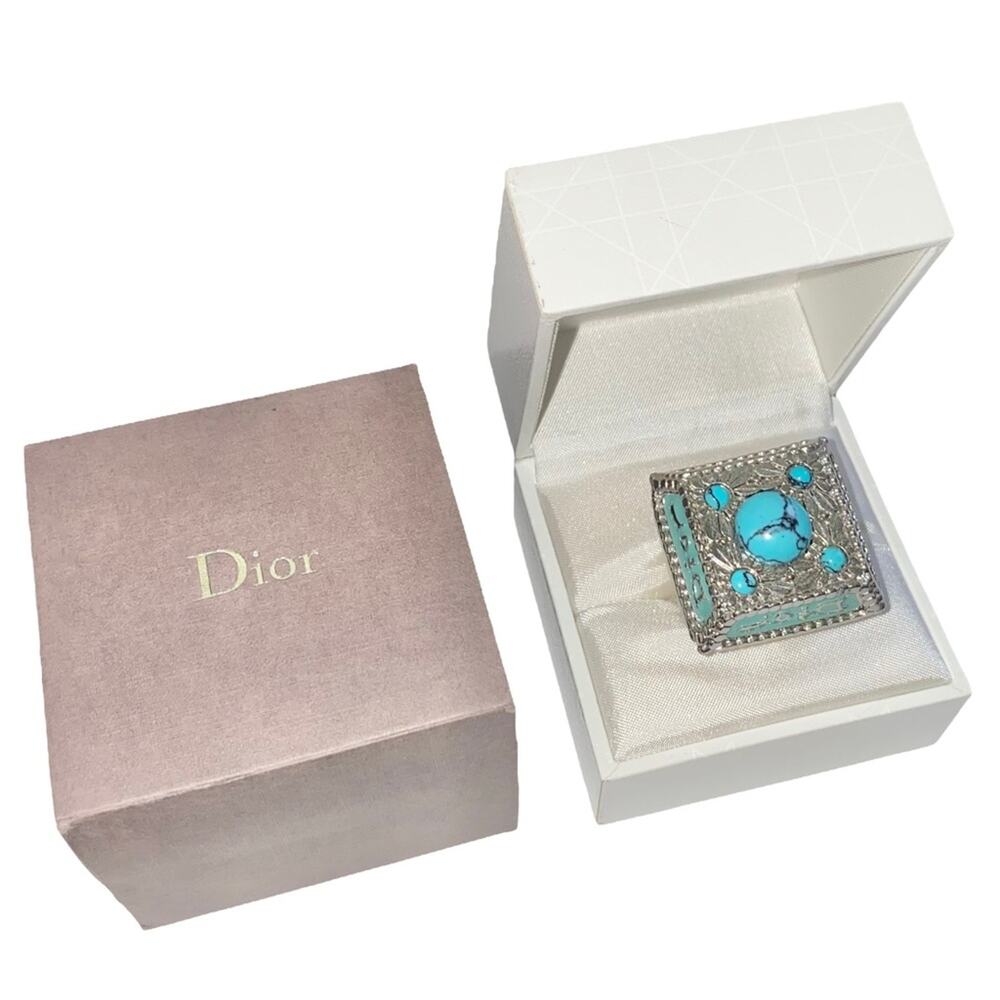 VTG Christian Dior Silver Metal Turquoise Gemstone Logo Nameplate Princess Ring